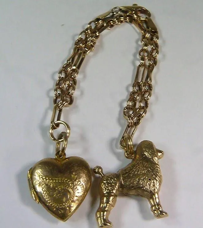 9ct Gold Bracelet Poodle And Heart / Locket Charms 1970s Solid Gold Bracelet Poodle Owners Gift