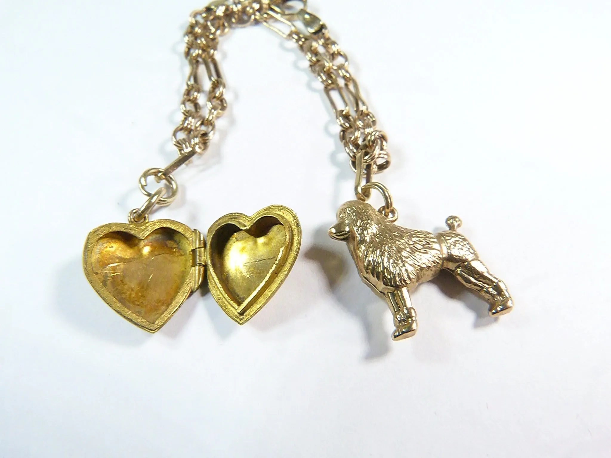 9ct Gold Bracelet Poodle And Heart / Locket Charms 1970s Solid Gold Bracelet Poodle Owners Gift