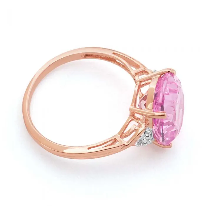 9ct Rose Gold Created Peach Sapphire & Diamond Oval Ring