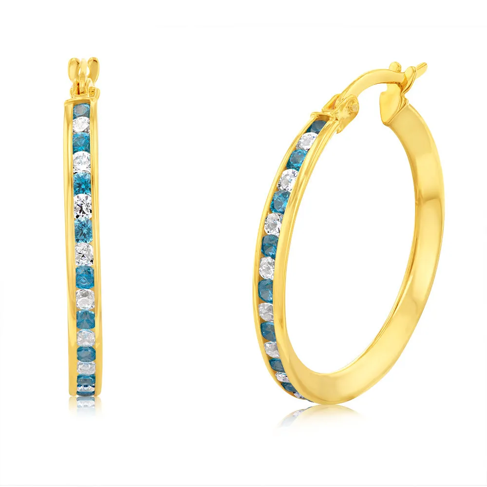 9ct Yellow Gold Silverfilled Blue Cubic Zirconia 20mm Hoop Earrings