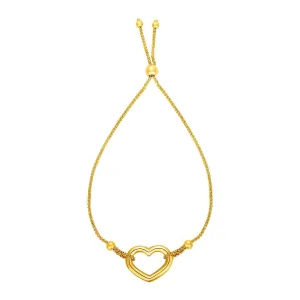 Adjustable Bracelet with Shiny Open Heart in 14k Yellow Gold