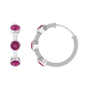 Bezel Set Pink Tourmaline 3 Stone Hinged Hoop Earrings with Diamond