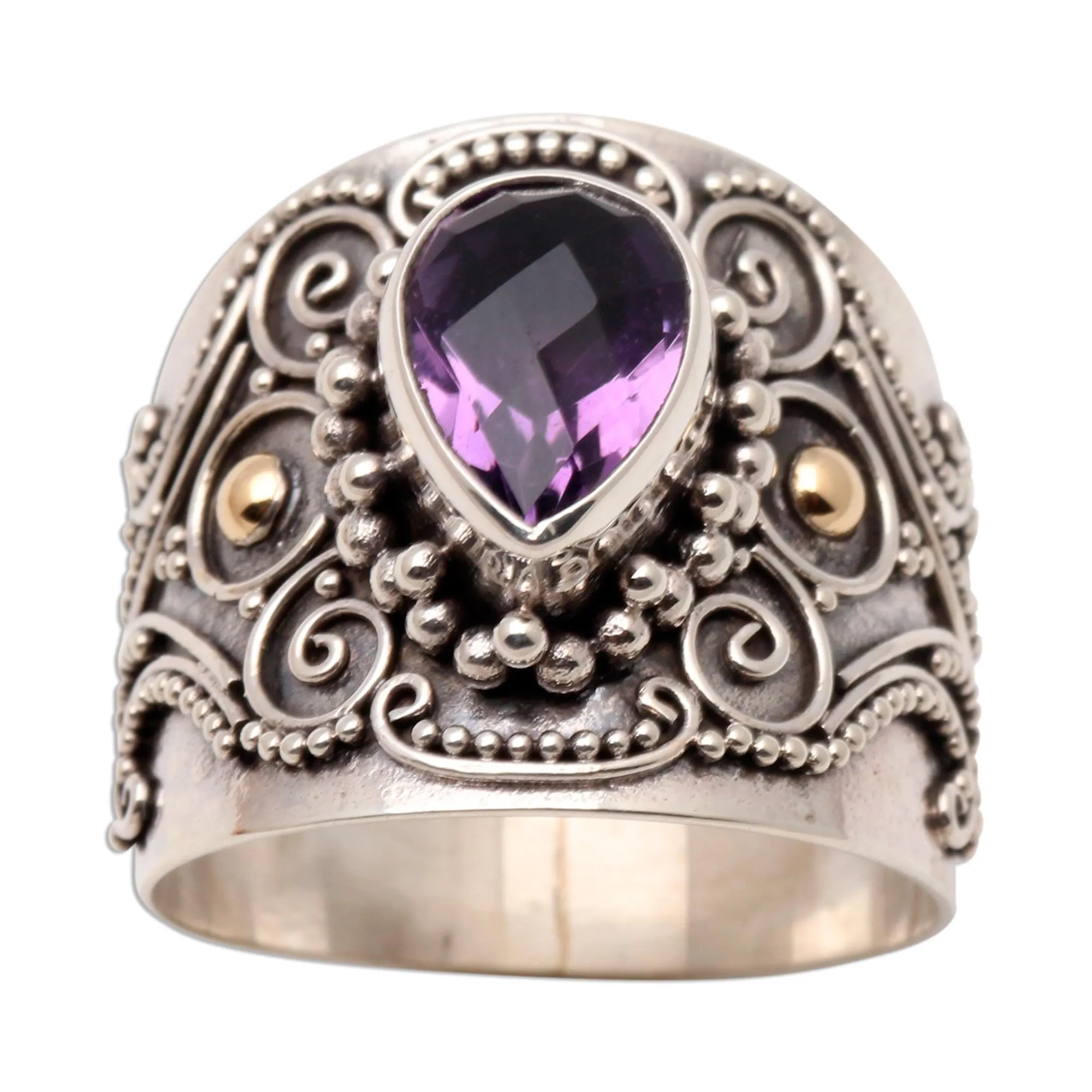 Checkerboard Teardrop Ornate Balinese Silver and Amethyst Ring with Gold Accents