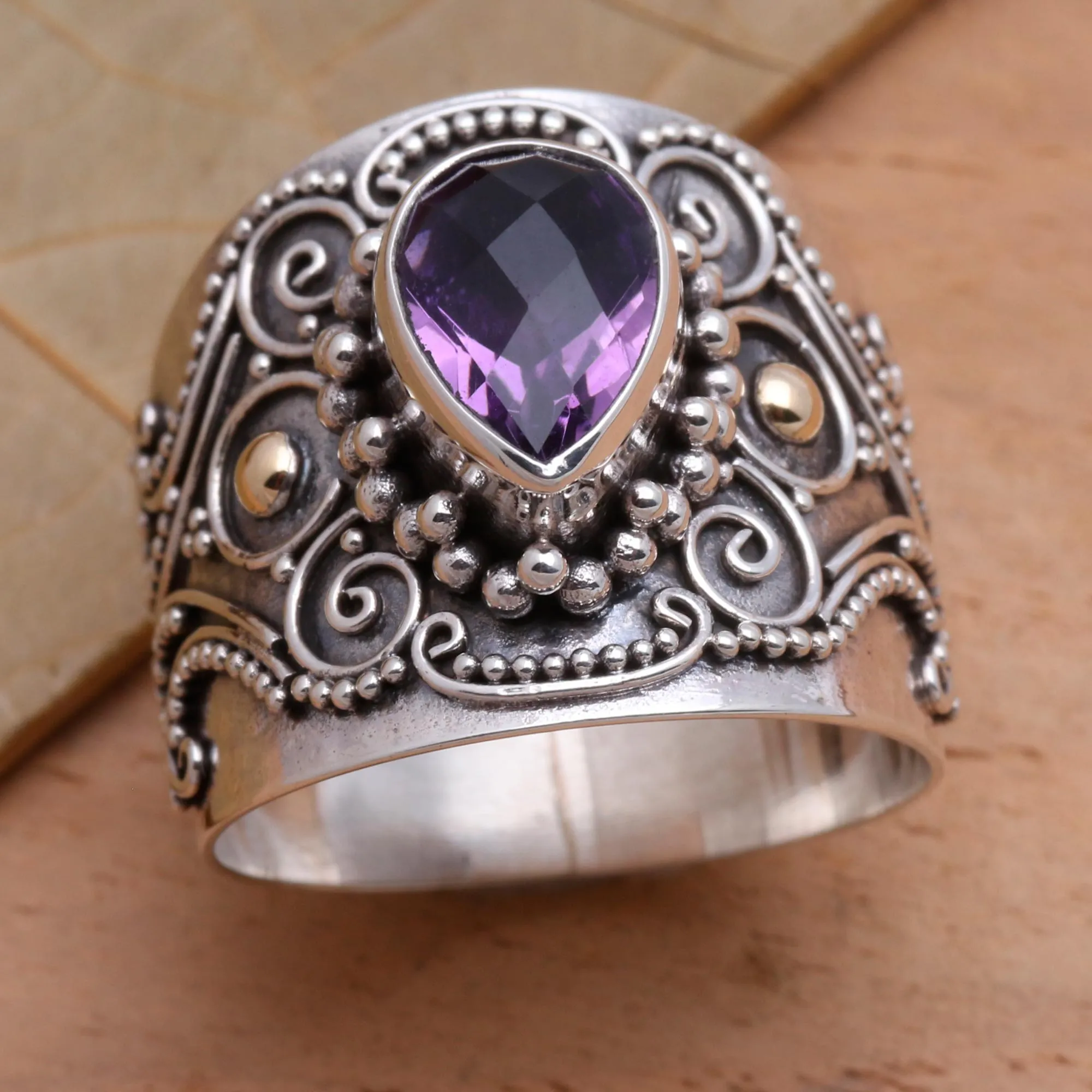 Checkerboard Teardrop Ornate Balinese Silver and Amethyst Ring with Gold Accents