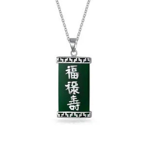 Chinese Script Good Fortune Green Agate Jade Pendant Gold Plate Silver