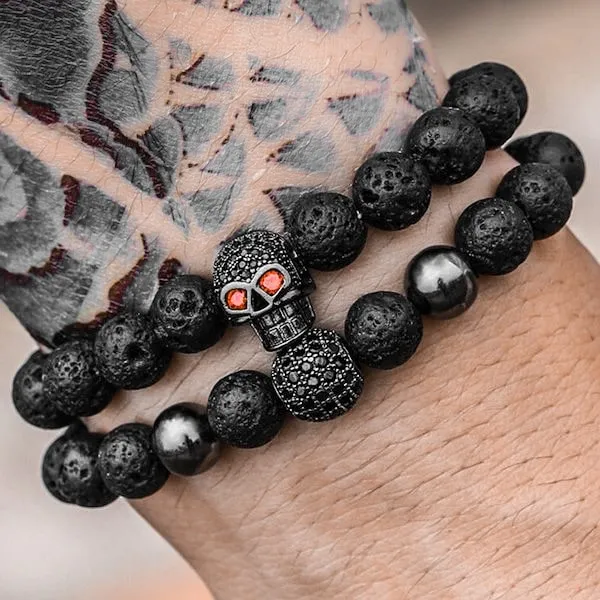 Classy Men Beaded Lava Stone Skull Bracelet Set