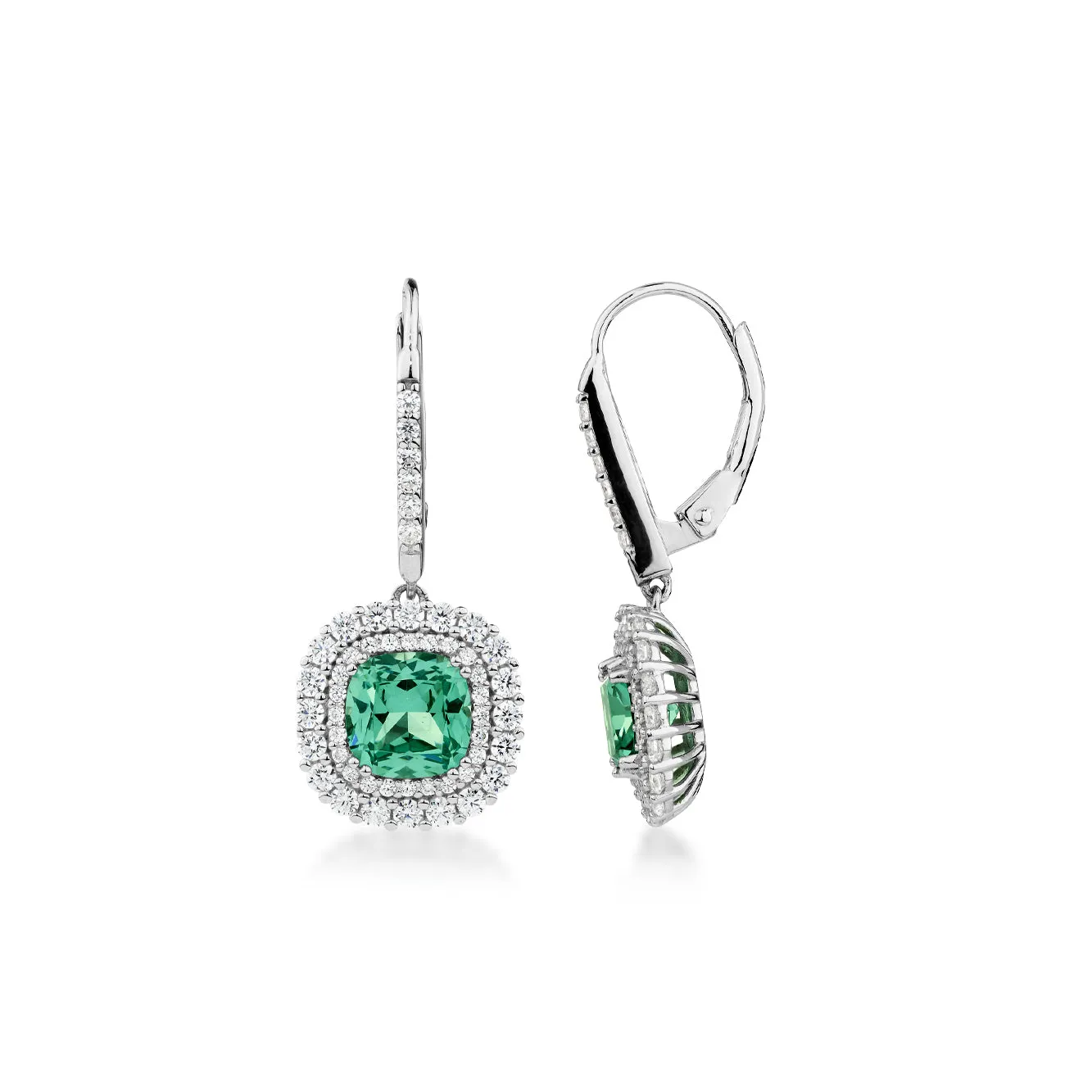 Cushion and Round Brilliant drop earrings with ocean green simulants and 0.96 carats* of diamond simulants in sterling silver