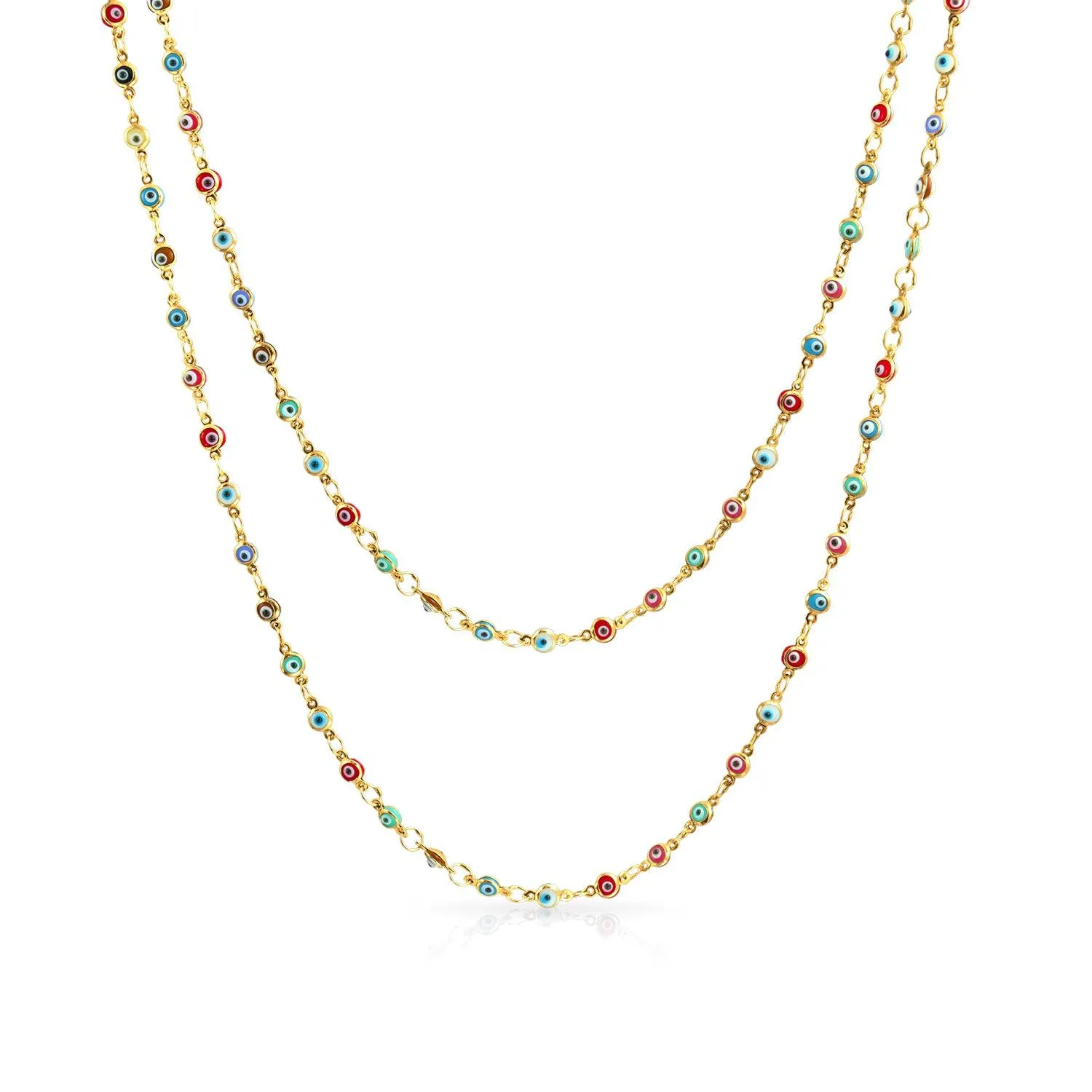 Delicate Multi-Color Strand Necklace with Evil Eye 14K Gold Plated Sterling Silver