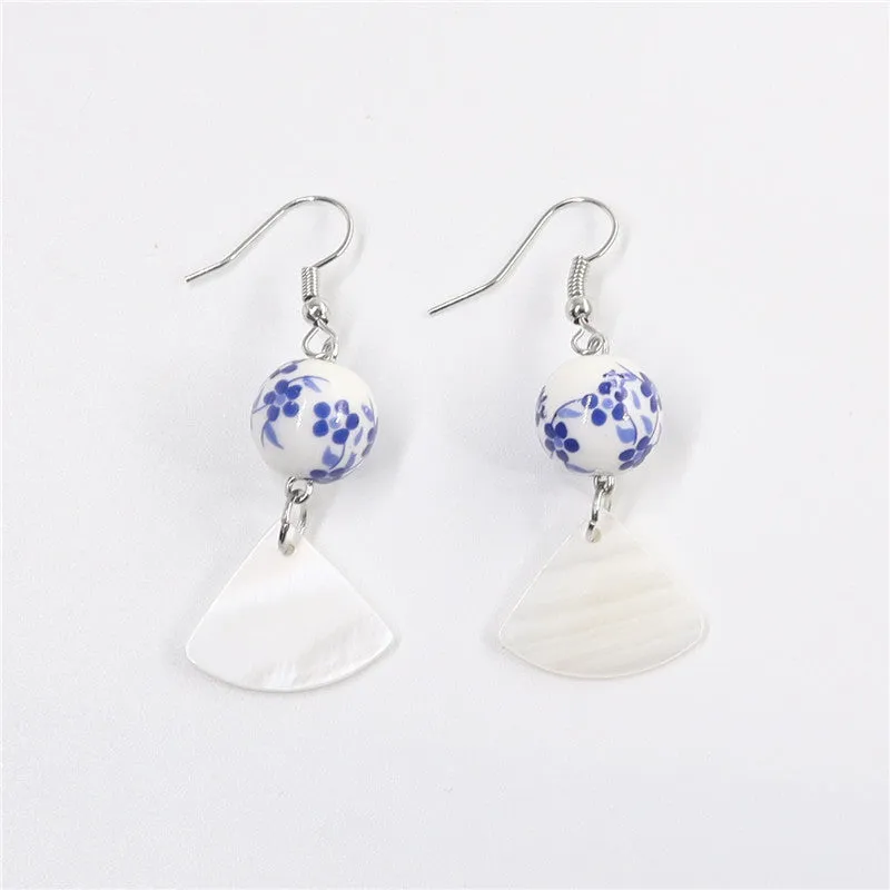 Ethnic style earrings blue and white porcelain printed ceramic fan-shaped shell earrings female long