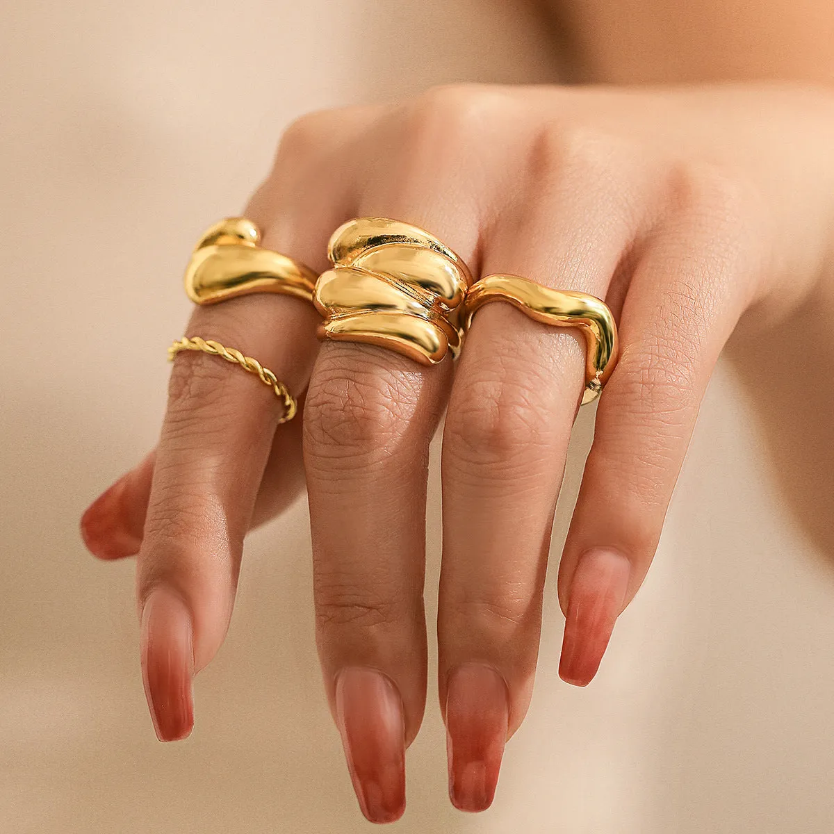 European and American Fusion Jewelry Collection, Unique Style, Chic Design, Curved Geometric Rings, Interlocking Bands, Bold Statement Ring Set