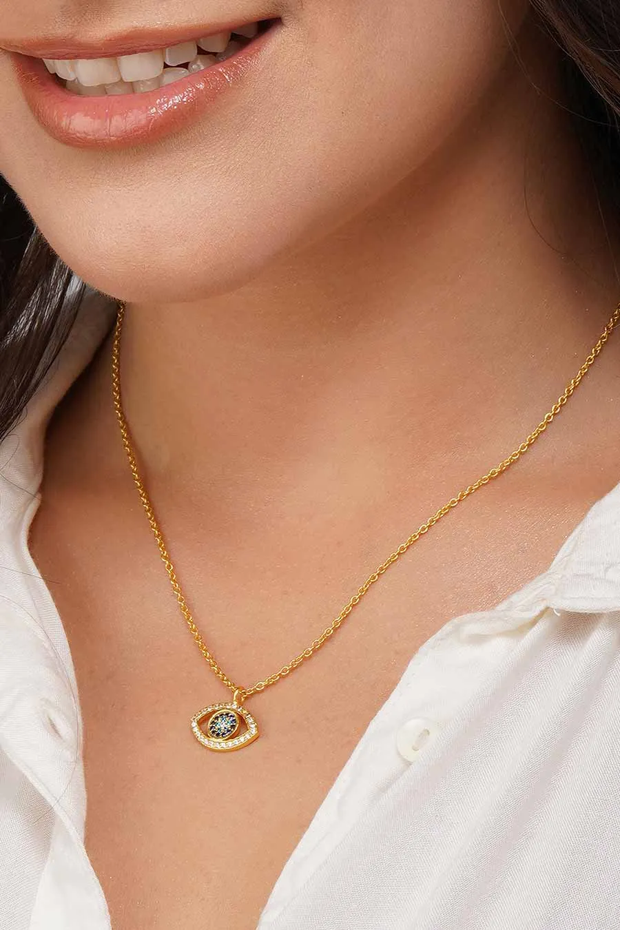 Gold Plated Sparkling Evil Eye Pendant Necklace