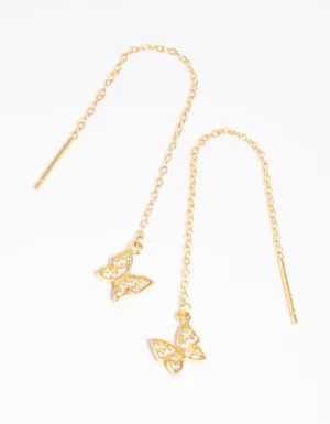 Gold Plated Sterling Silver Pave Butterfly Drop Earrings