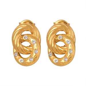 Golden Zircon Double Ring Stud Earrings - Fashionable Titanium Steel Women's Earrings