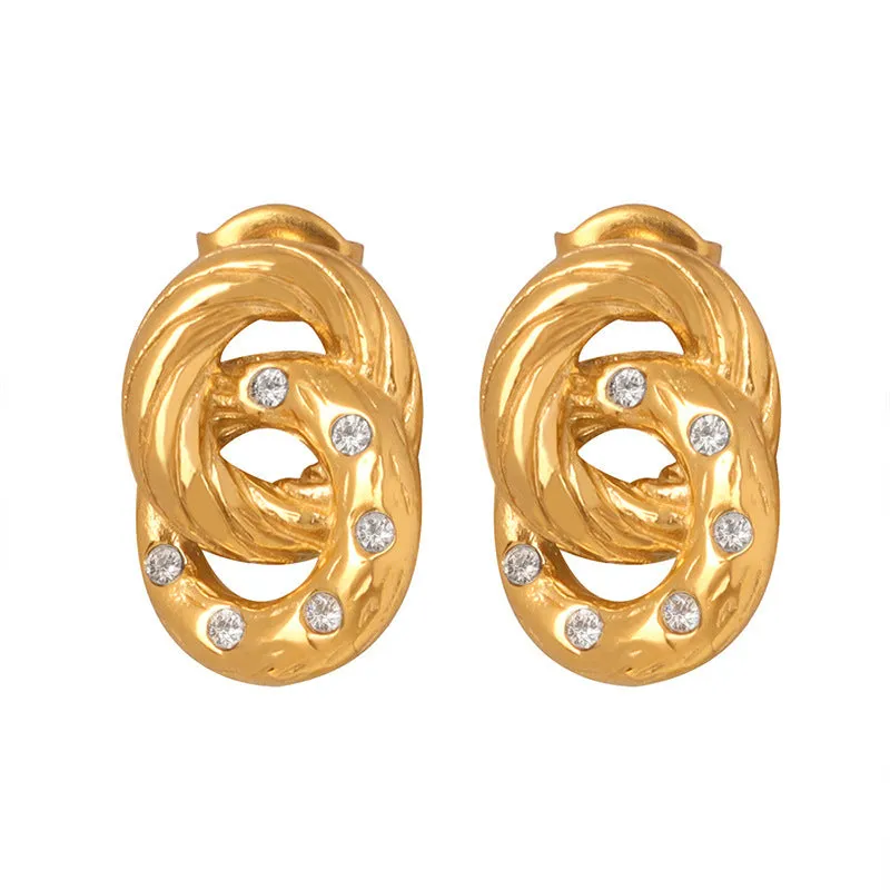 Golden Zircon Double Ring Stud Earrings - Fashionable Titanium Steel Women's Earrings