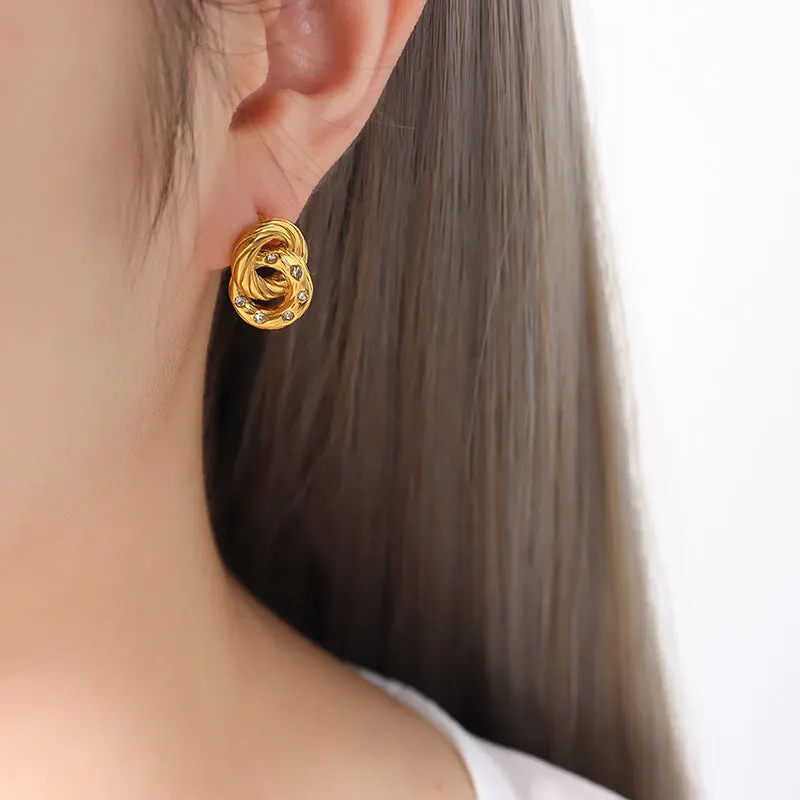 Golden Zircon Double Ring Stud Earrings - Fashionable Titanium Steel Women's Earrings