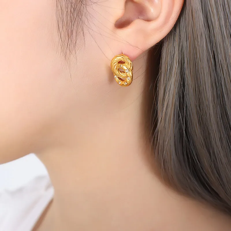 Golden Zircon Double Ring Stud Earrings - Fashionable Titanium Steel Women's Earrings