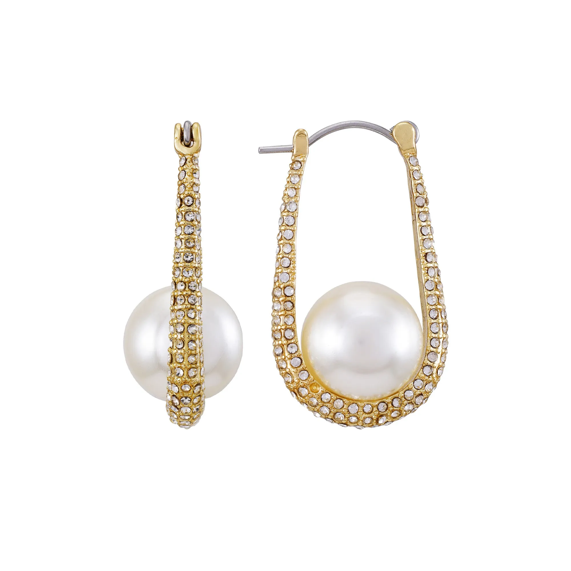 Goldtone Crystal Stone Pearl Hoop Earrings