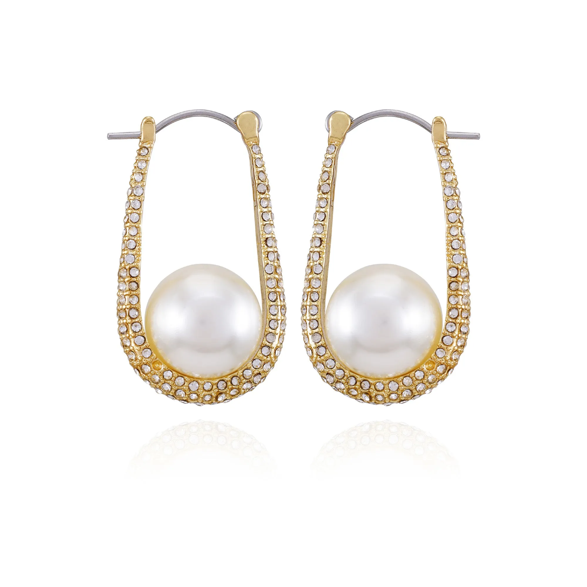 Goldtone Crystal Stone Pearl Hoop Earrings