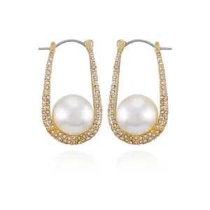 Goldtone Crystal Stone Pearl Hoop Earrings