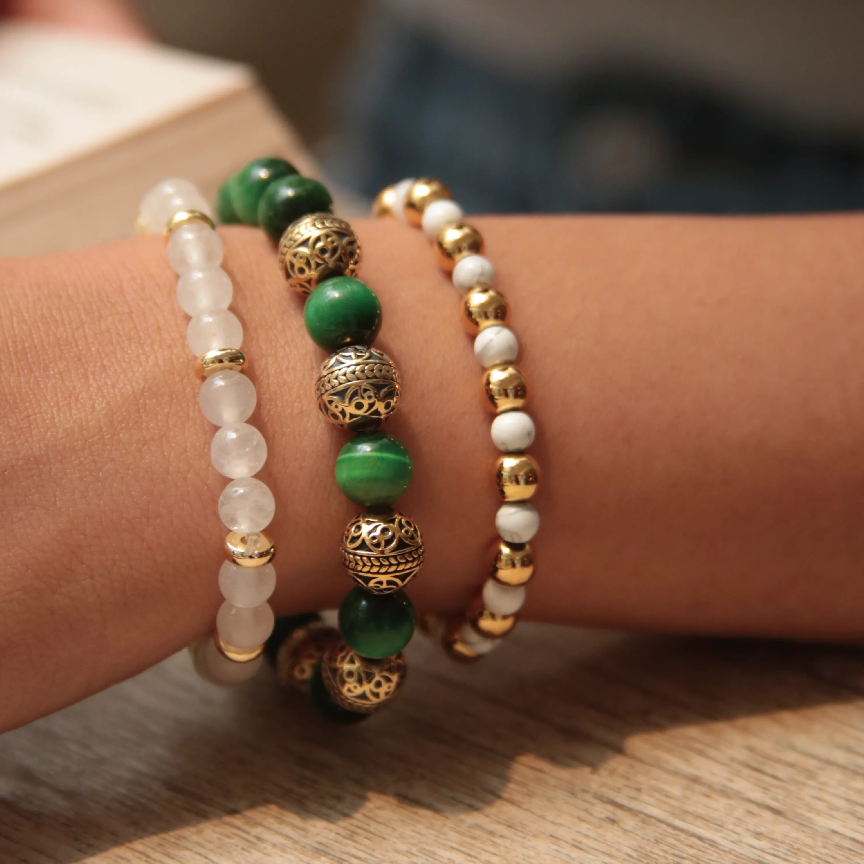 Green Tiger Eye Gold Bracelet with Howlite & White Jade Bracelet