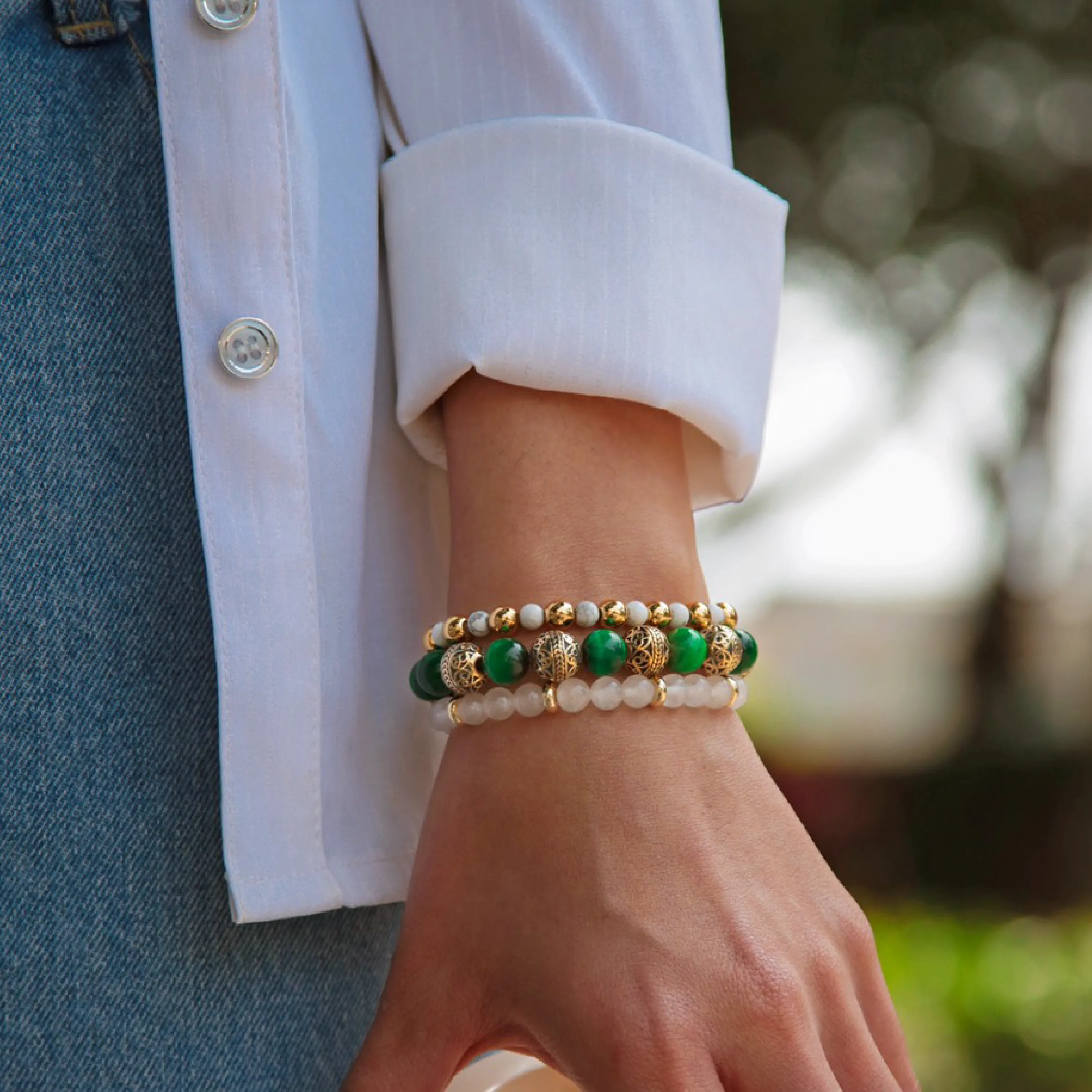 Green Tiger Eye Gold Bracelet with Howlite & White Jade Bracelet