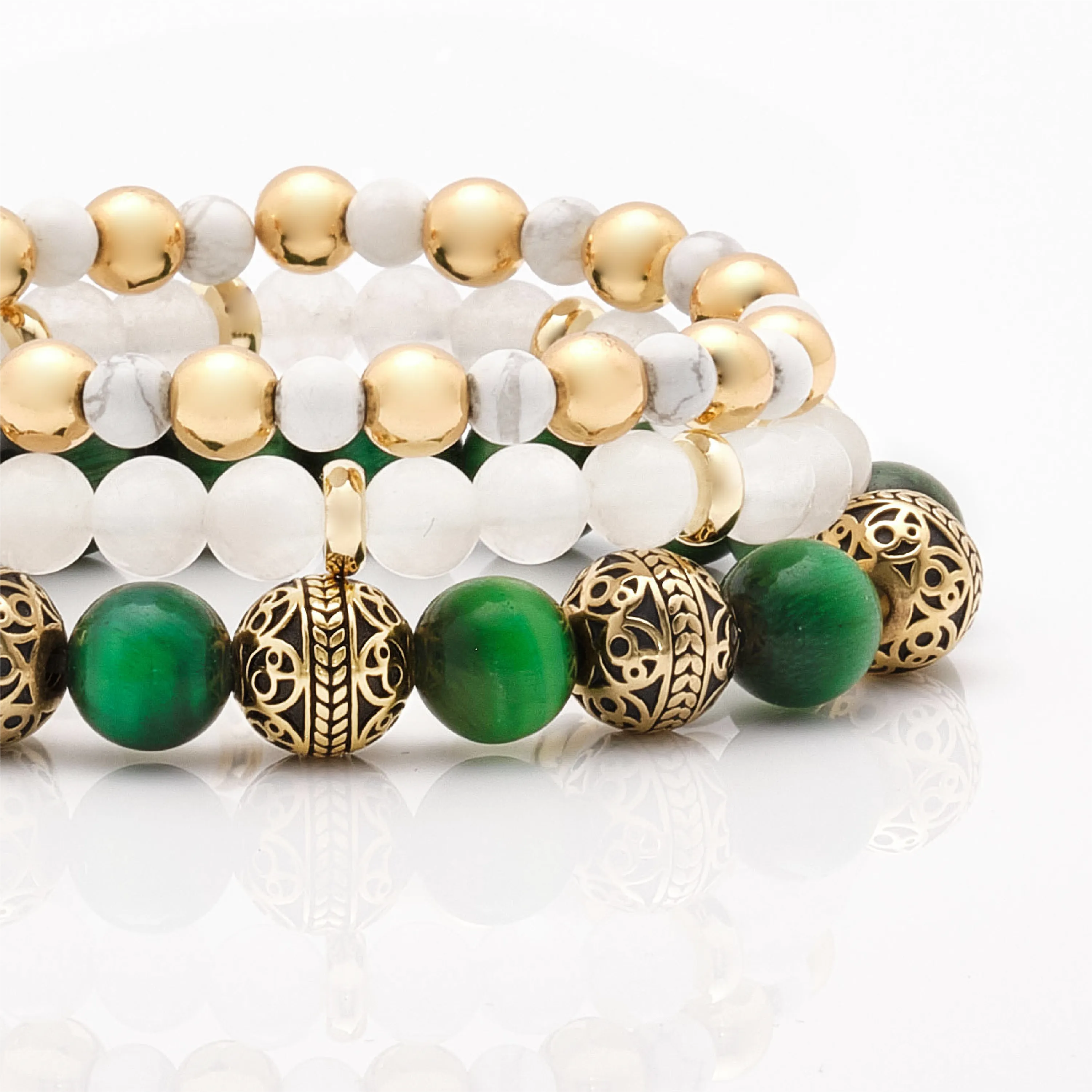 Green Tiger Eye Gold Bracelet with Howlite & White Jade Bracelet