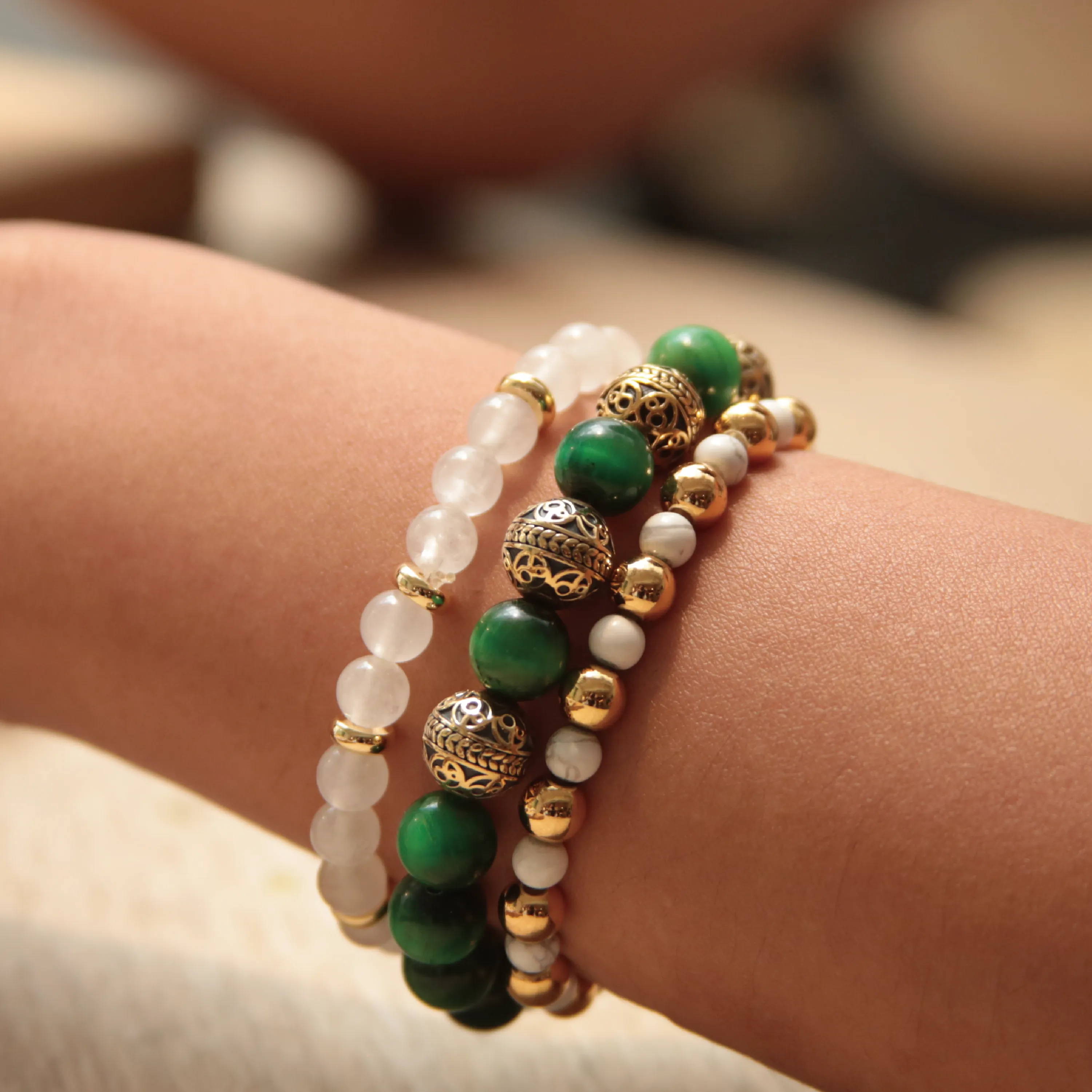 Green Tiger Eye Gold Bracelet with Howlite & White Jade Bracelet