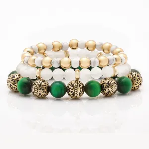 Green Tiger Eye Gold Bracelet with Howlite & White Jade Bracelet