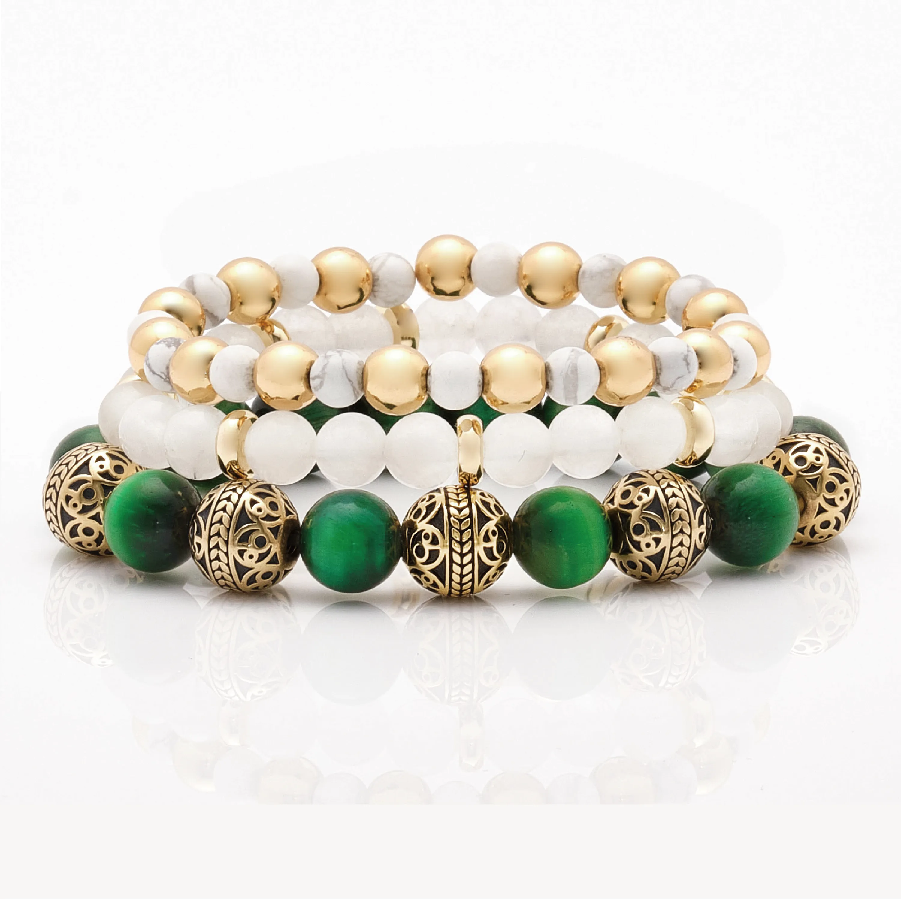 Green Tiger Eye Gold Bracelet with Howlite & White Jade Bracelet