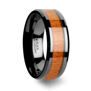 IOWA Black Ceramic Wedding Ring with Polished Bevels and Black Cherry Wood Inlay - 6mm - 10mm