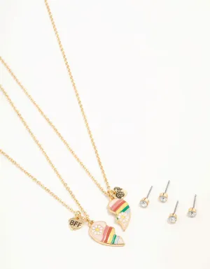 Kids BFF Heart Necklaces & Diamante Stud Earrings Gold Set