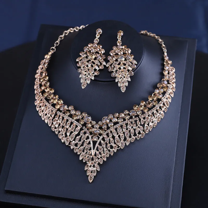 Luxury necklace and earrings set, fashionable and popular alloy full diamond leaves, bridal dress