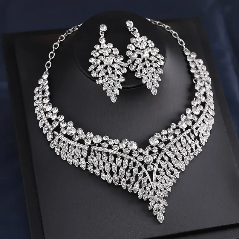 Luxury necklace and earrings set, fashionable and popular alloy full diamond leaves, bridal dress