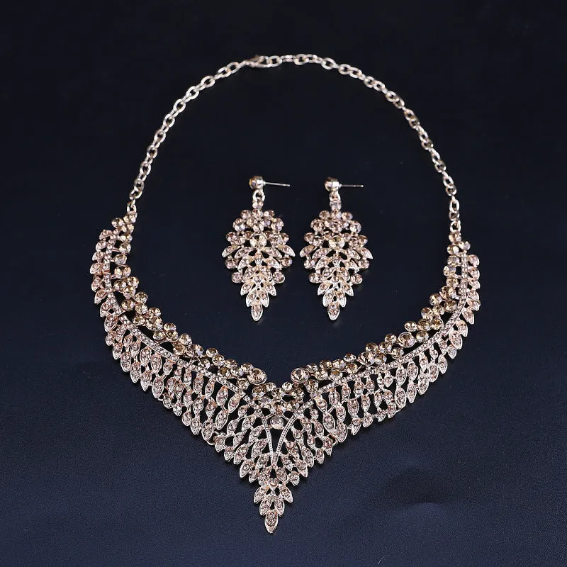 Luxury necklace and earrings set, fashionable and popular alloy full diamond leaves, bridal dress