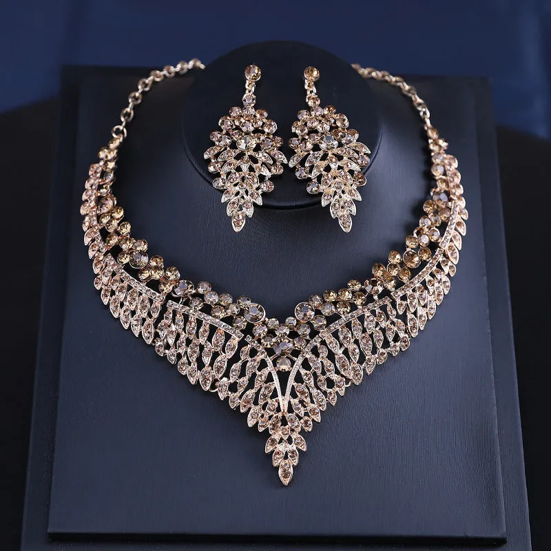 Luxury necklace and earrings set, fashionable and popular alloy full diamond leaves, bridal dress