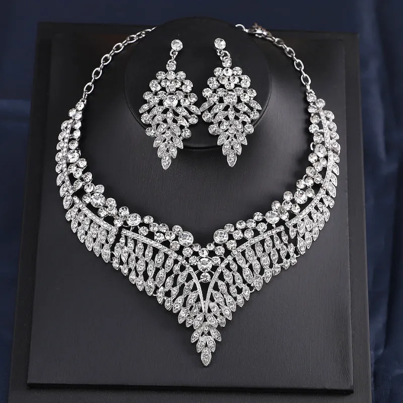 Luxury necklace and earrings set, fashionable and popular alloy full diamond leaves, bridal dress