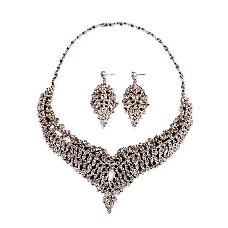 Luxury necklace and earrings set, fashionable and popular alloy full diamond leaves, bridal dress