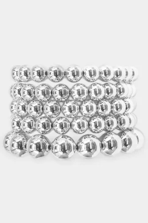 Metallic Bead Stretch Bracelet Set - Silver