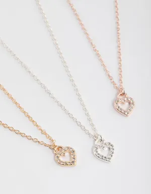 Mixed Metal Diamante Open Heart Necklace Pack