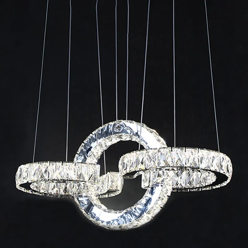 Modern Black Crystal LED Pendant Chandelier with Interlocking Rings for Dining Room