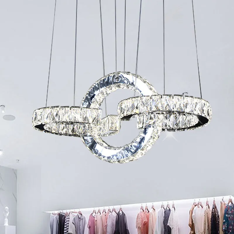 Modern Black Crystal LED Pendant Chandelier with Interlocking Rings for Dining Room