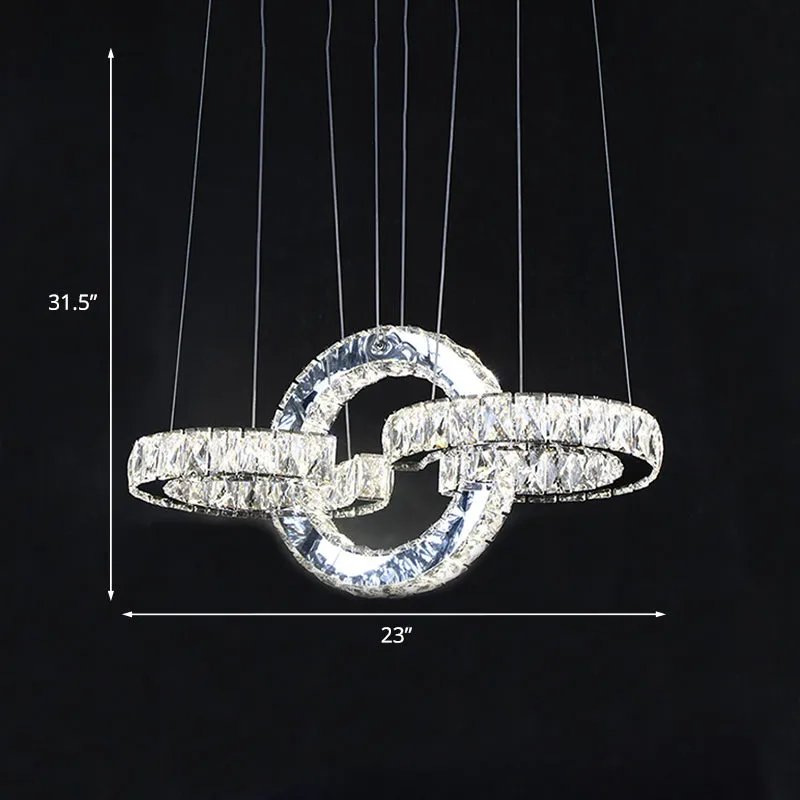 Modern Black Crystal LED Pendant Chandelier with Interlocking Rings for Dining Room