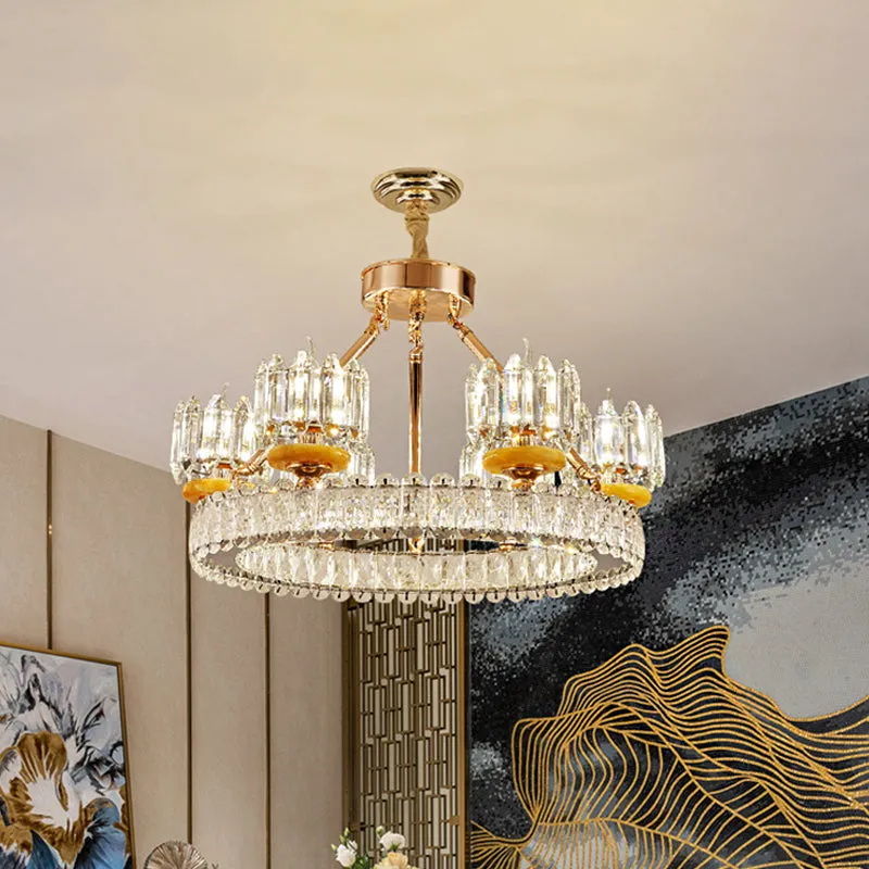 Modern Crystal Block Cylinder Chandelier with Gold Ring - 6/8 Bulb Ceiling Lamp for Living Room