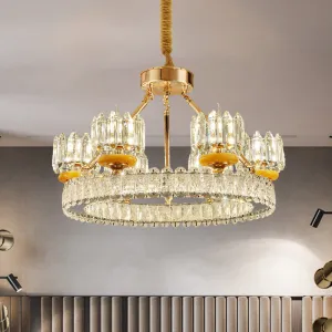 Modern Crystal Block Cylinder Chandelier with Gold Ring - 6/8 Bulb Ceiling Lamp for Living Room