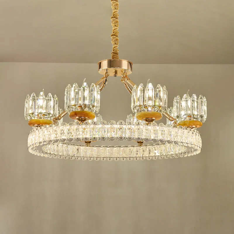 Modern Crystal Block Cylinder Chandelier with Gold Ring - 6/8 Bulb Ceiling Lamp for Living Room