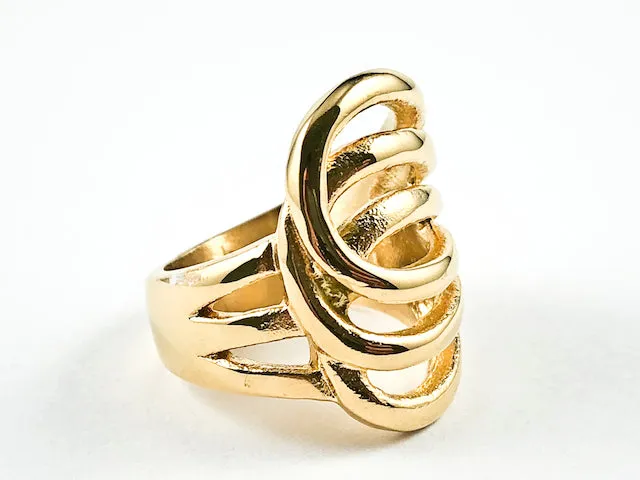 Modern Layered Crossover Geometric Design Shiny Metallic Gold Tone Steel Ring