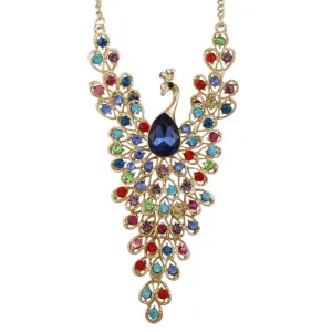 Multi-color Crystal Peacock with Large Blue Crystal Necklace - RSN512