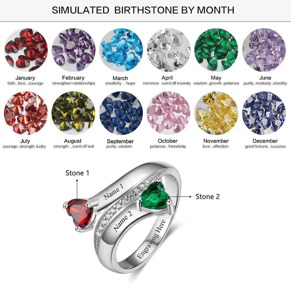 Personalized 925 Sterling Silver Engraved 2 Name Heart Birthstone Rings, Trendy Fashion Jewelry Gift