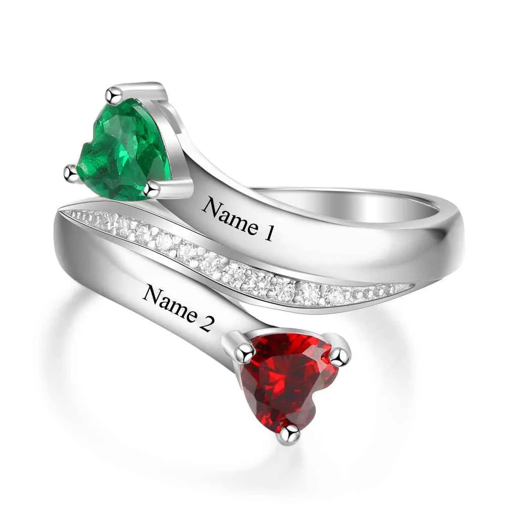 Personalized 925 Sterling Silver Engraved 2 Name Heart Birthstone Rings, Trendy Fashion Jewelry Gift