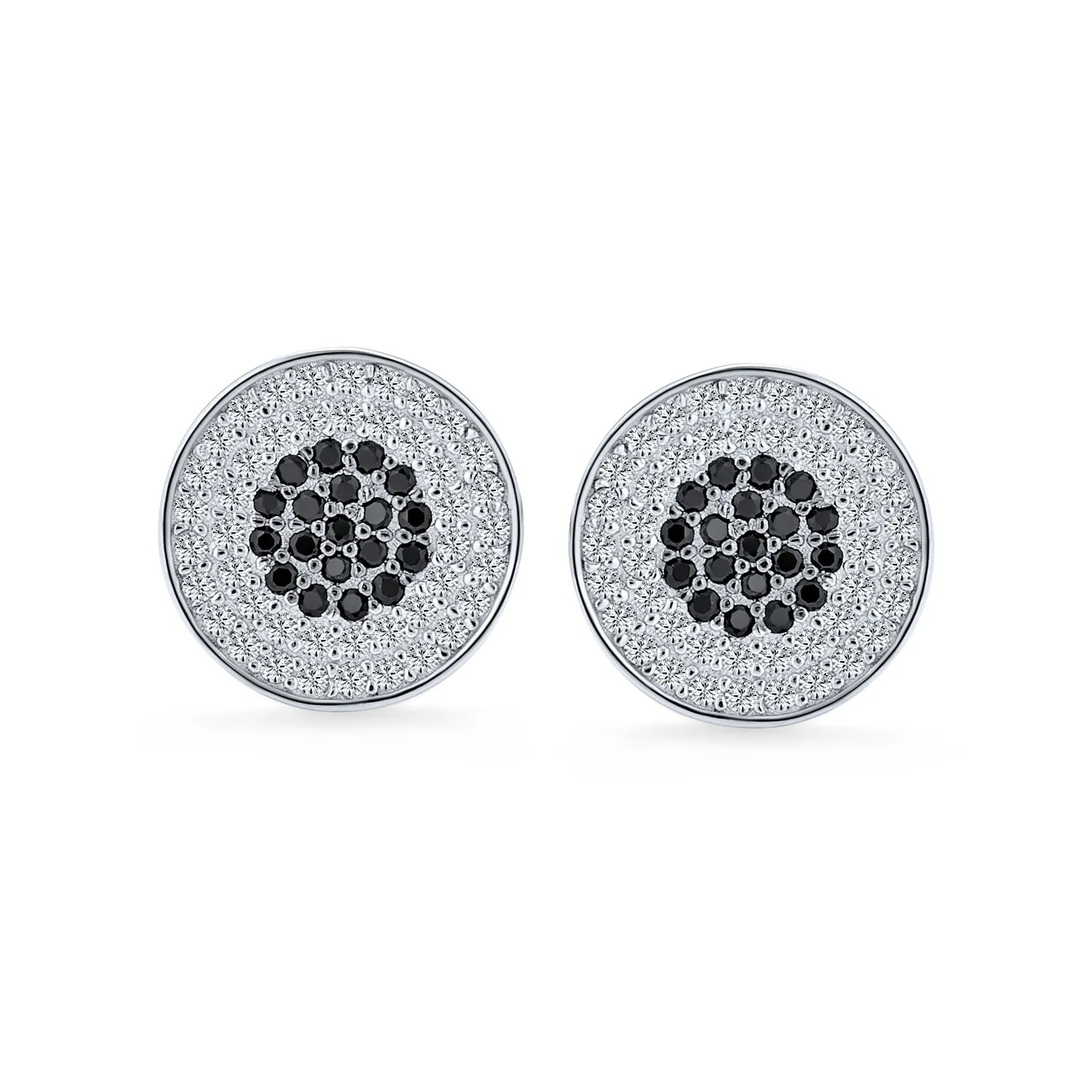 Precision Target – 11MM Black & White CZ Stud Earrings, Sterling Silver, Screw Backs